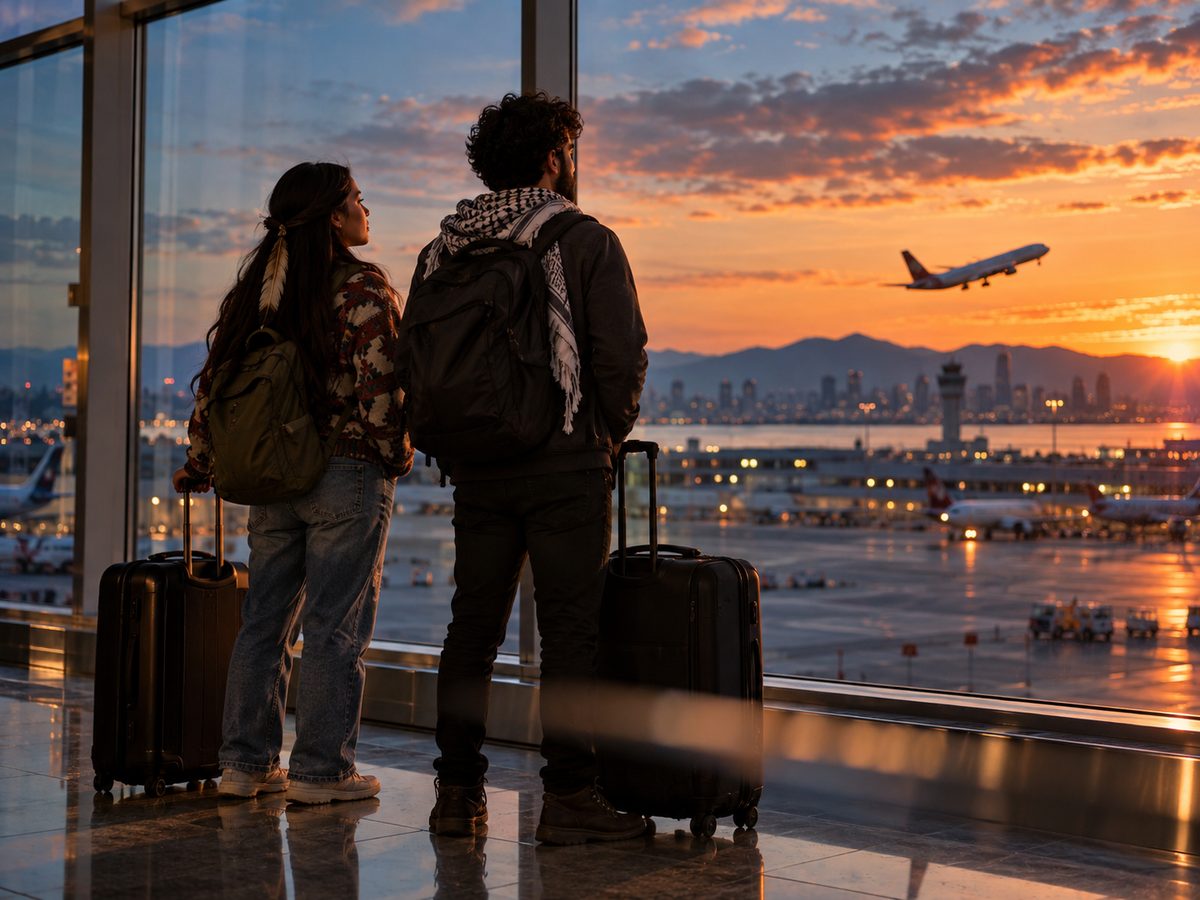 Two travellers with suitcases watching a plane take off from an airport window at sunset