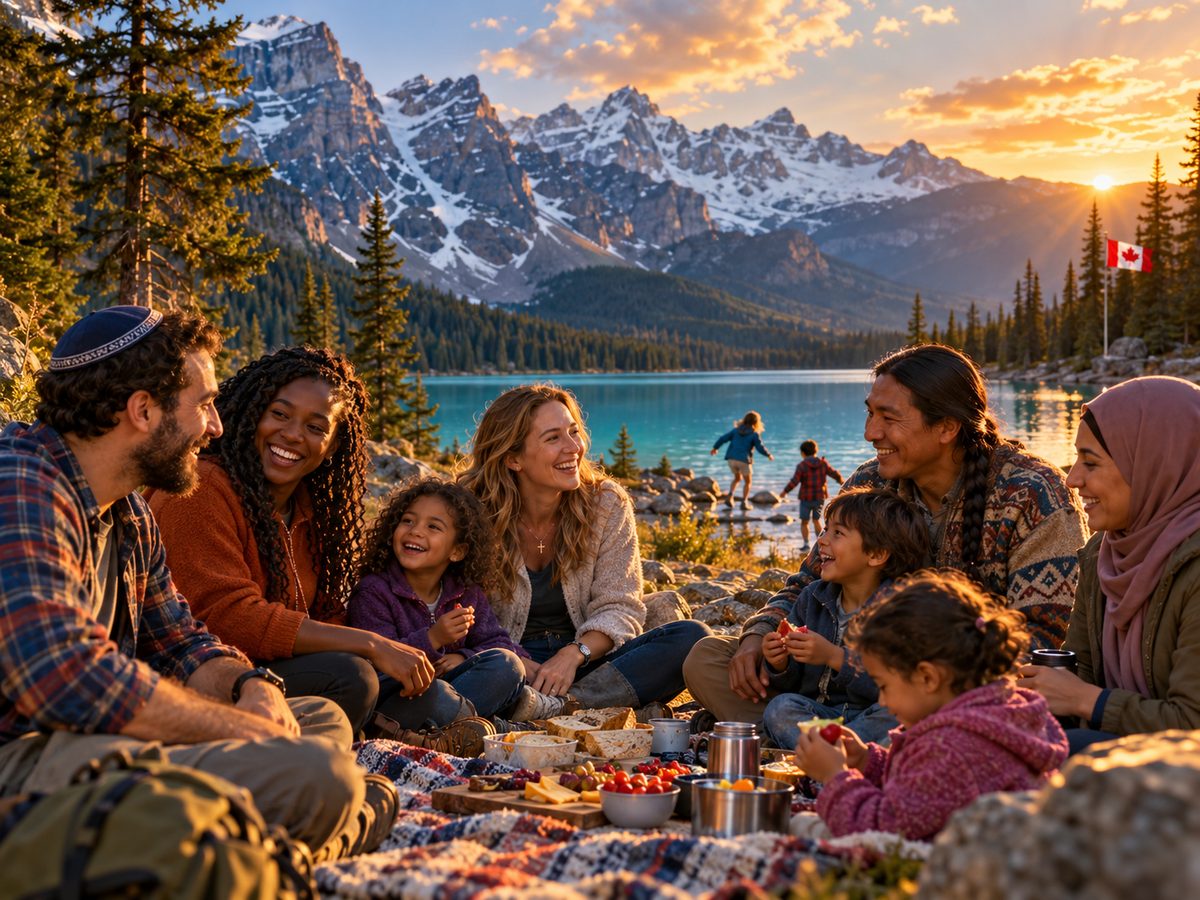 Friends and families of diverse backgrounds sharing a picnic by a turquoise lake in the Canadian Rockies