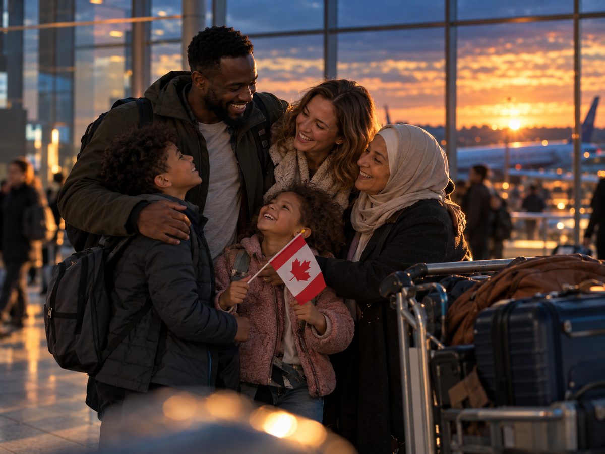 A smiling multigenerational family embracing in an airport terminal at sunset, the youngest child holding a small Canadian flag