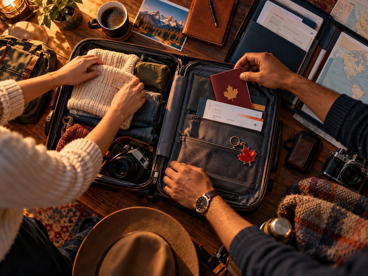 Two people packing a suitcase with a passport, boarding passes and travel documents on a wooden table